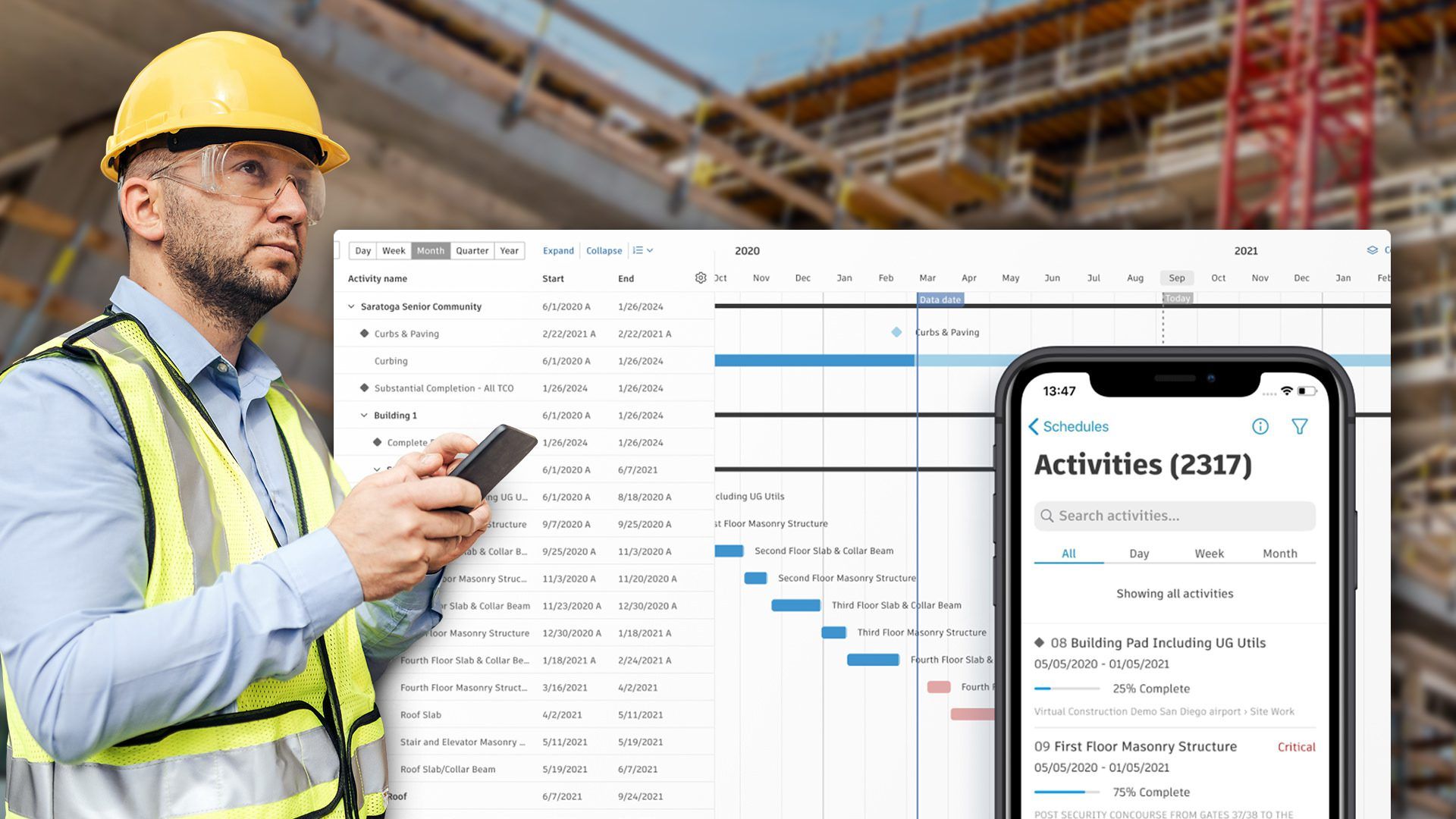 Construction worker uses Schedule Tool in Autodesk Build